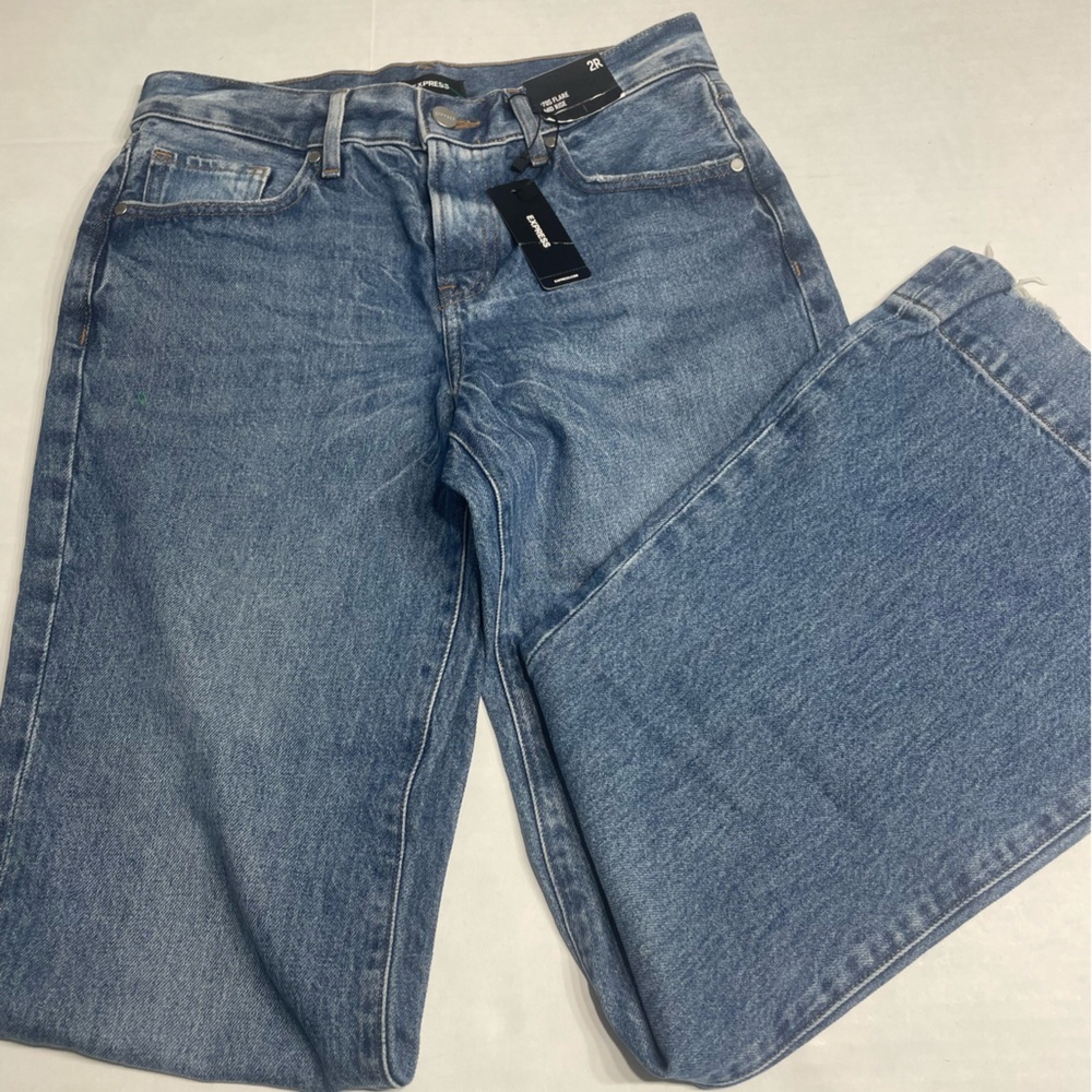 Express 70s flare mid-rise denim jeans. Size 2R. Distressed hem. NWT. MSRP $88. - Picture 1 of 15